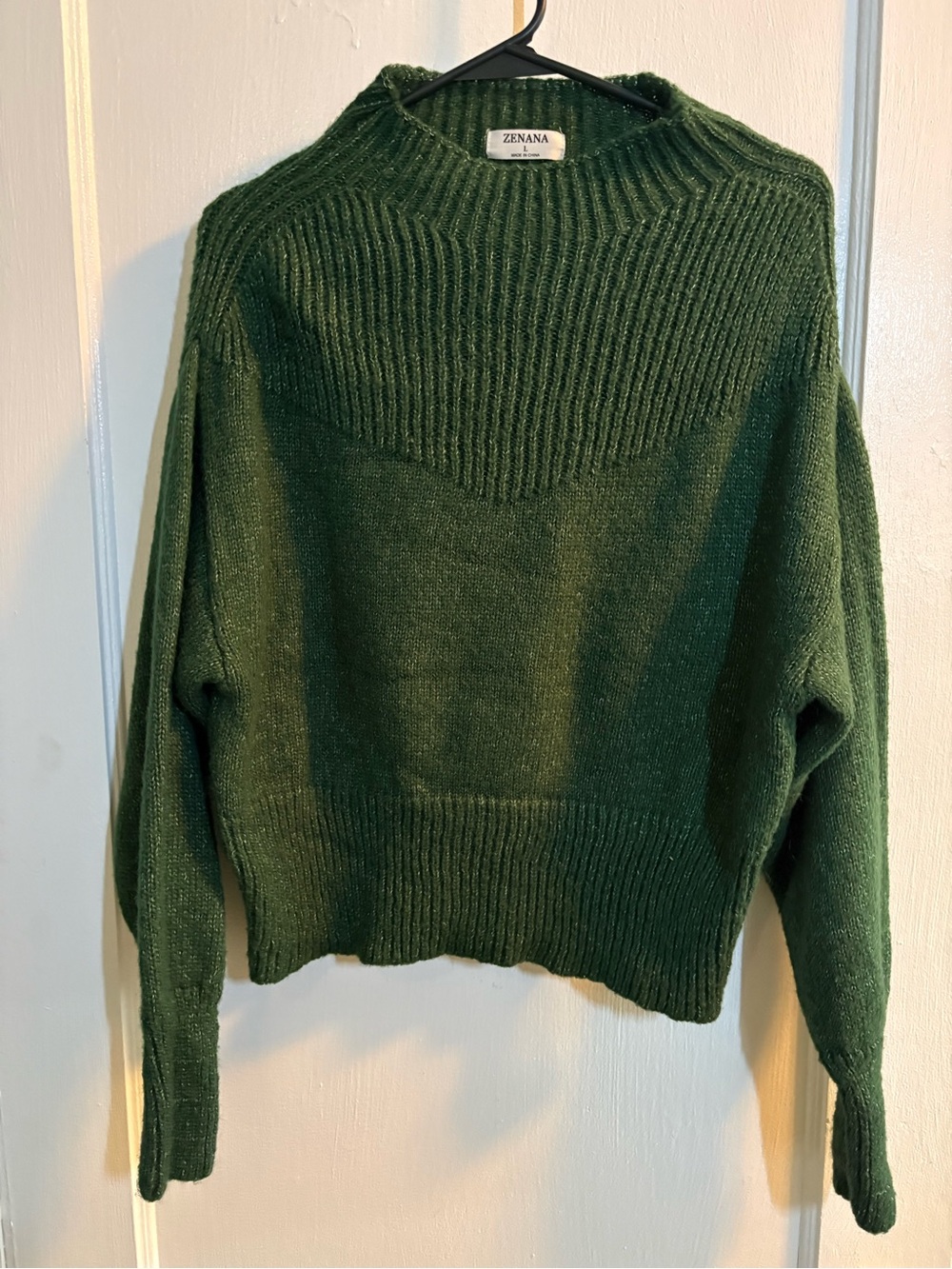 Zenana Outfitters Deep Green Ribbed Yoke Crewneck Sweater